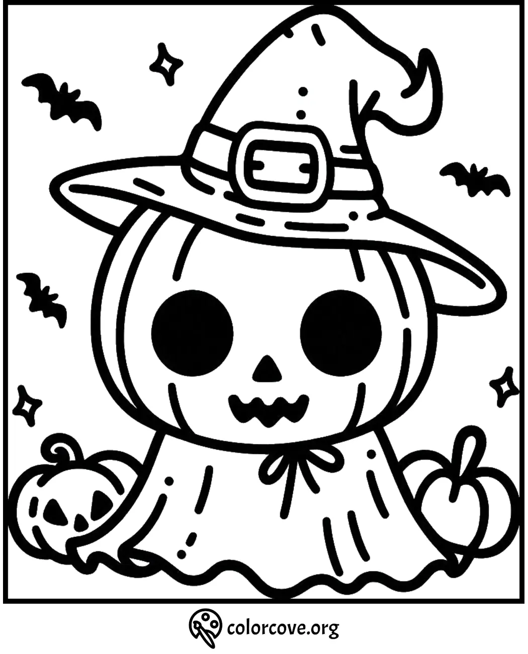 Halloween coloring page featuring a cute pumpkin wearing a witch hat and cloak with bats and pumpkins in the background.