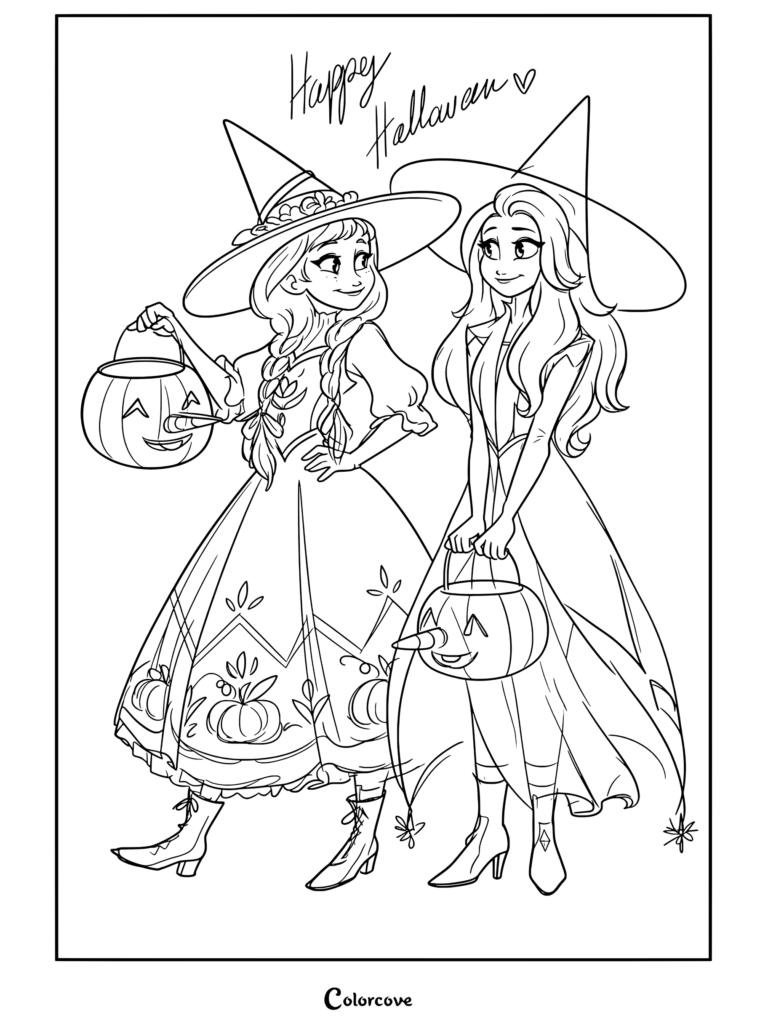 Anna y Elsa vestidas de brujas sosteniendo calabazas de Olaf para una página para colorear de Halloween, una página para colorear de Halloween Disney para niños y adultos.