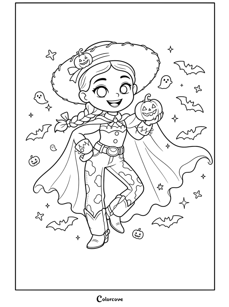Página para colorear de Halloween Disney con Jessie de Toy Story usando una capa y sosteniendo una calabaza, rodeada de murciélagos y fantasmas.