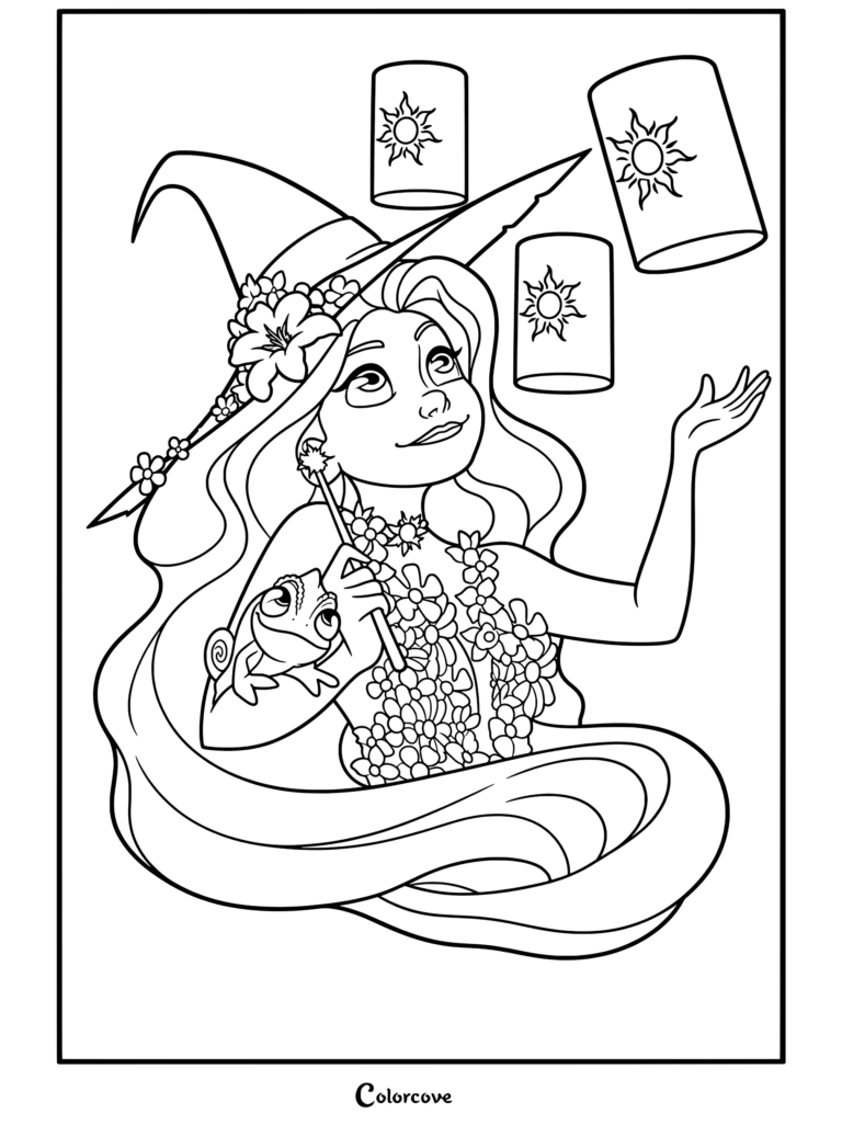 Página para colorear de Halloween Disney con Rapunzel usando un sombrero de bruja y atuendo de flores, sosteniendo una varita con Pascal y rodeada de linternas flotantes.