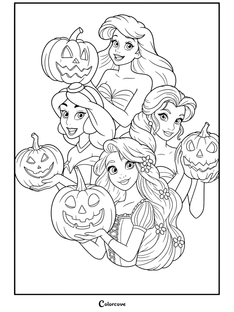 Las princesas de Disney Ariel, Jasmine, Bella y Rapunzel sosteniendo calabazas talladas en una página para colorear de Halloween Disney.