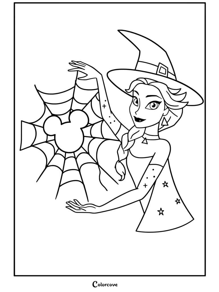 Elsa vestida de bruja sosteniendo una telaraña con la silueta de Mickey Mouse y arañas para una página para colorear de Halloween Disney.