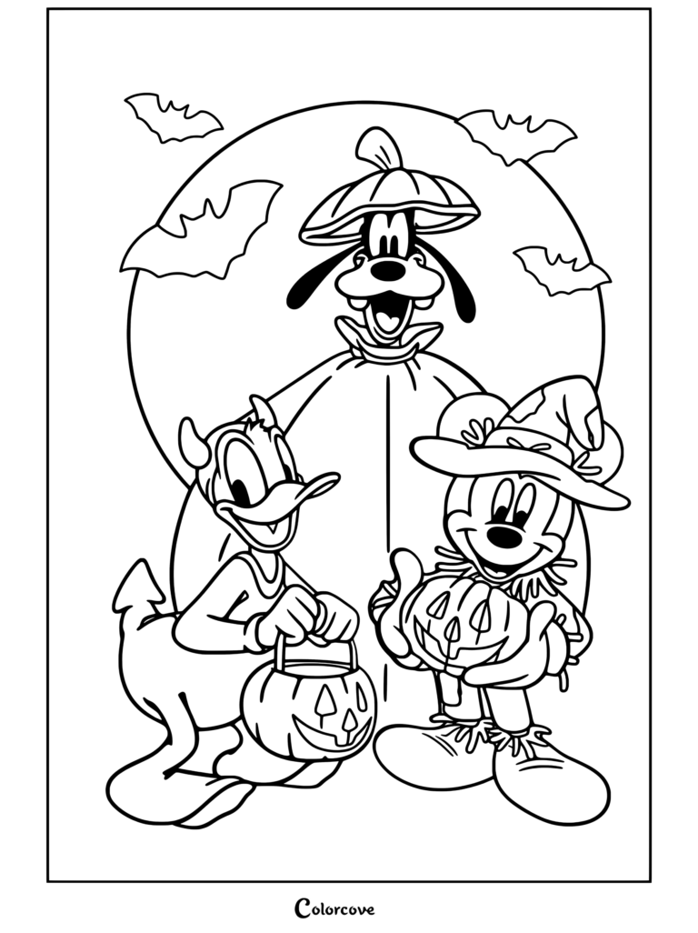 Página para colorear de Halloween Disney con Goofy vestido como una calabaza gigante con El Pato Donald como diablo y Mickey Mouse como espantapájaros sosteniendo calabazas bajo una luna llena con murciélagos.