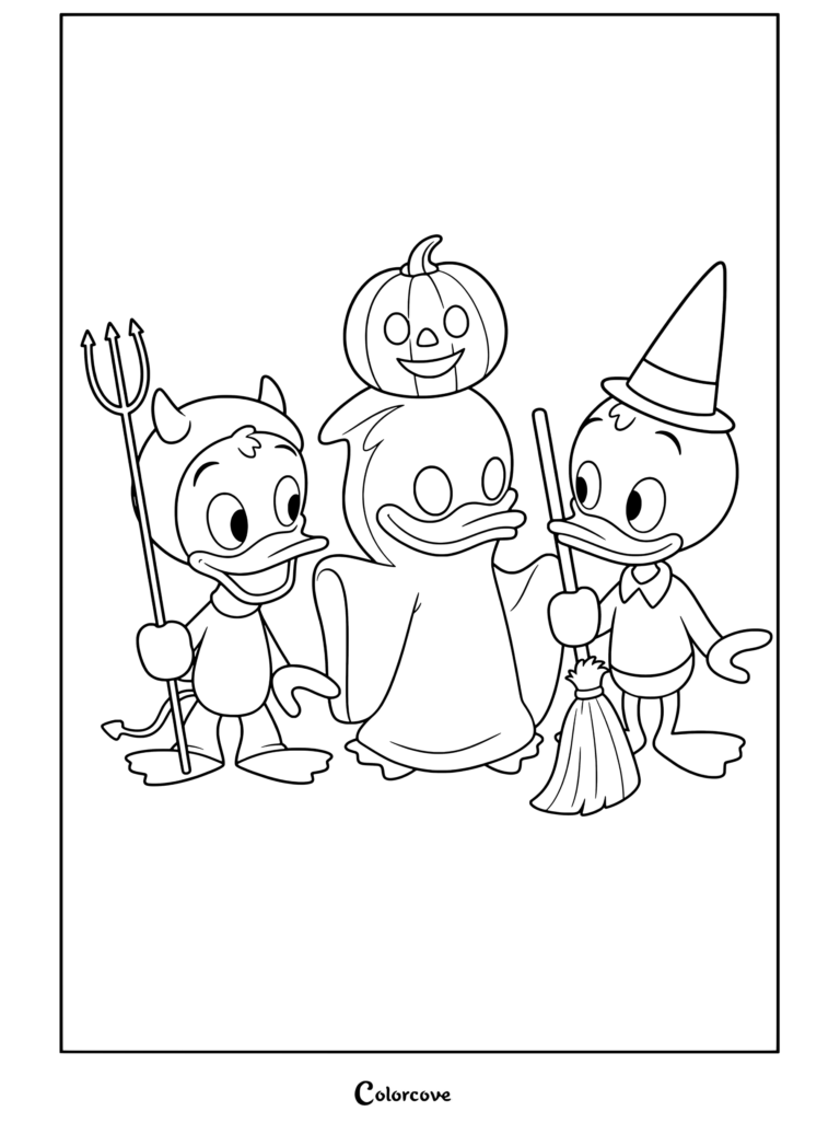 Hugo, Paco y Luis vestidos con disfraces de Halloween de diablo, fantasma y bruja sosteniendo un tridente y una escoba en una página para colorear para los fanáticos de Halloween Disney.