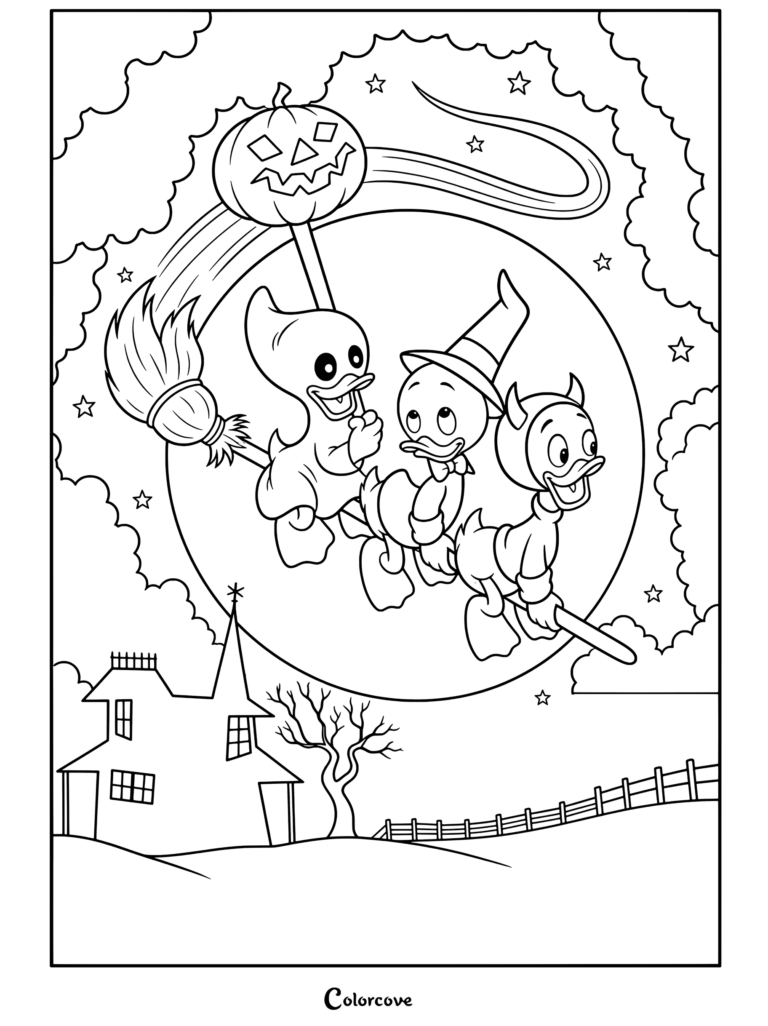 Hugo, Paco y Luis montando una escoba voladora con disfraces de Halloween, fantasma, mago y diablo, frente a una luna llena en una página para colorear de Halloween Disney.