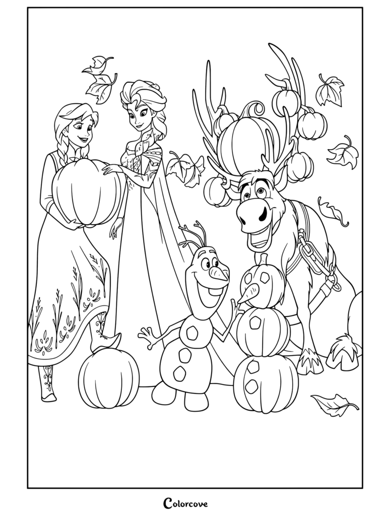 Anna, Elsa, Olaf y Sven de Frozen sosteniendo y apilando calabazas de Halloween rodeados de hojas de otoño caídas en una página para colorear de Halloween Disney.