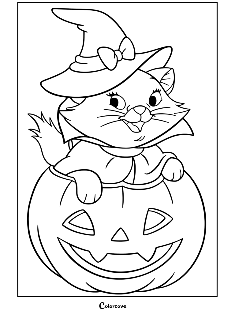 Marie de Los Aristogatos usando un sombrero de bruja y capa sentada dentro de una calabaza, página para colorear de Halloween Disney.