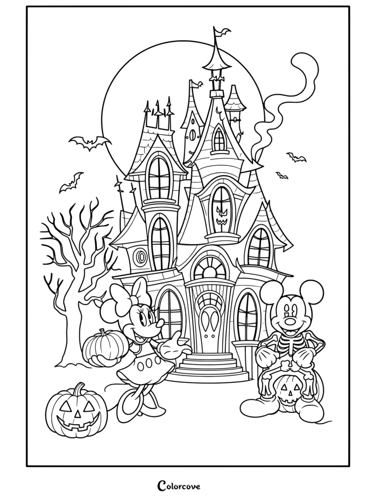 Mickey y Minnie Mouse celebrando Halloween frente a un castillo embrujado con calabazas, página para colorear terminada para los fanáticos de Halloween Disney.