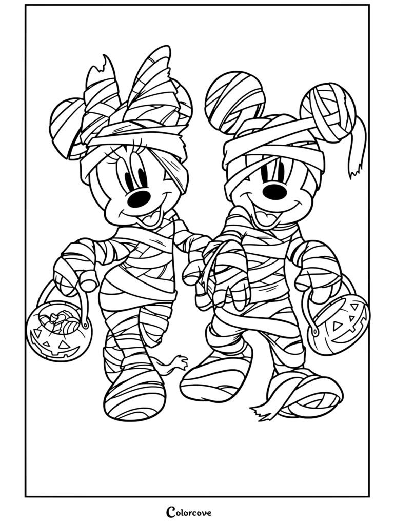 Mickey y Minnie Mouse disfrazados de momias sosteniendo cubos de caramelos de calabaza de Halloween terminados, destacados en una página para colorear de Halloween Disney.