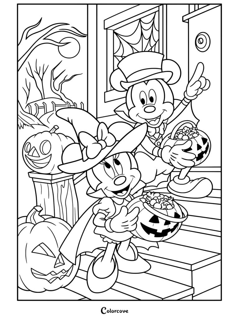 Mickey y Minnie Mouse disfrazados de vampiros de Halloween sosteniendo cubos de caramelos de calabaza en las escaleras por la noche, página para colorear para los fanáticos de Halloween Disney.