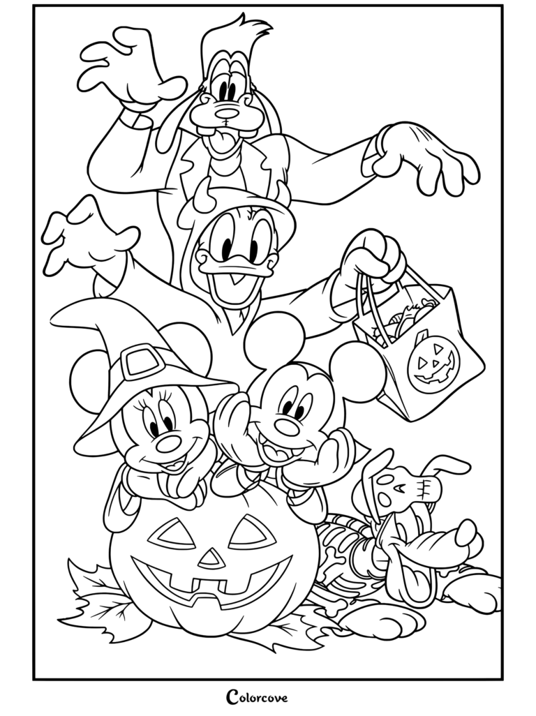 Mickey, Minnie, El Pato Donald, Goofy y Pluto celebrando Halloween con disfraces y calabazas en una página para colorear con personajes de Halloween Disney.
