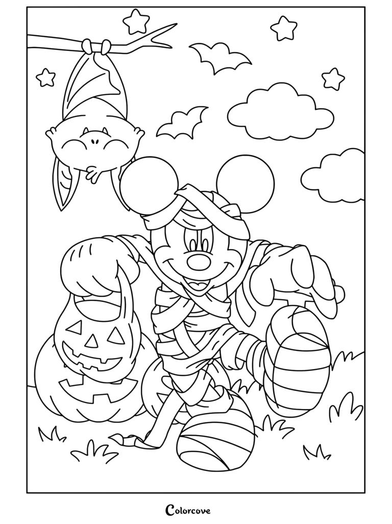 Mickey Mouse vestido de momia sosteniendo un balde de dulces de calabaza en la página para colorear de Halloween Disney