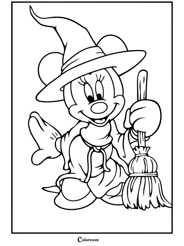 Página para colorear de Minnie Mouse vestida de bruja sosteniendo una escoba para los fanáticos de Halloween Disney.