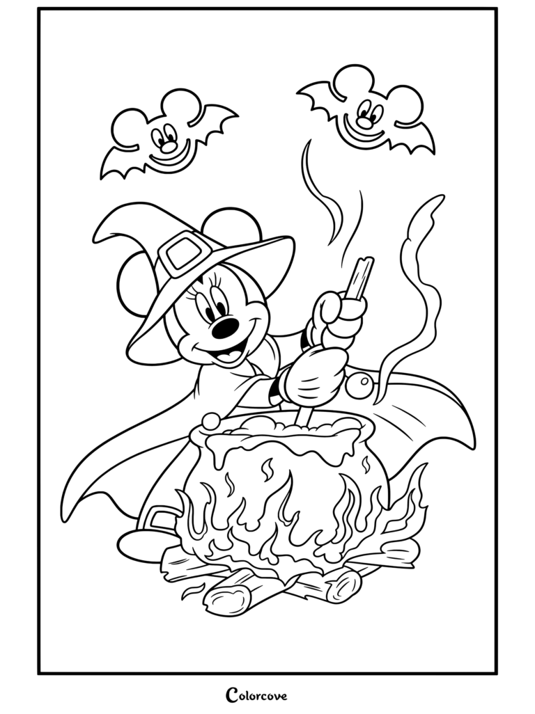 Minnie Mouse vestida de bruja revolviendo un caldero verde burbujeante sobre un fuego con murciélagos de Mickey volando arriba, página para colorear de Halloween Disney lista