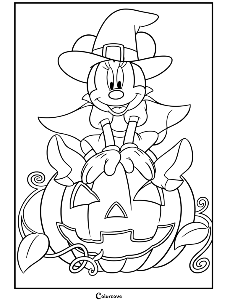Página para colorear gratuita de Halloween Disney con Minnie Mouse usando un sombrero de bruja y una capa mientras está sentada en una calabaza tallada.