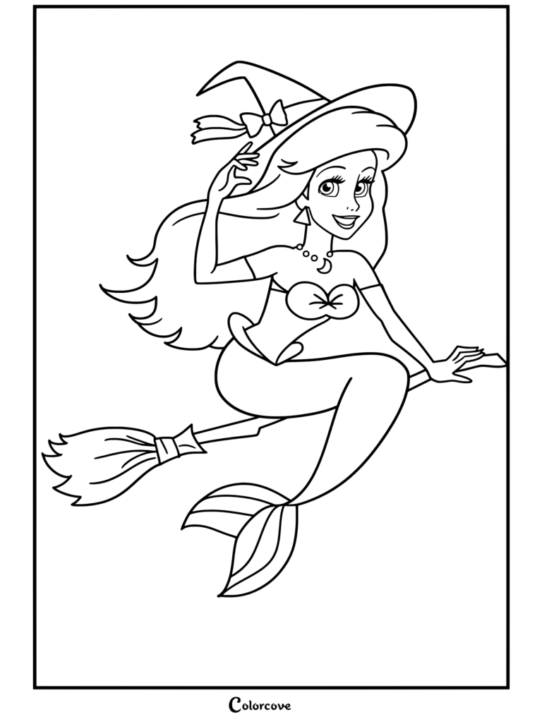 Página para colorear de Halloween Disney de Ariel con Ariel en un disfraz de bruja volando en una escoba.