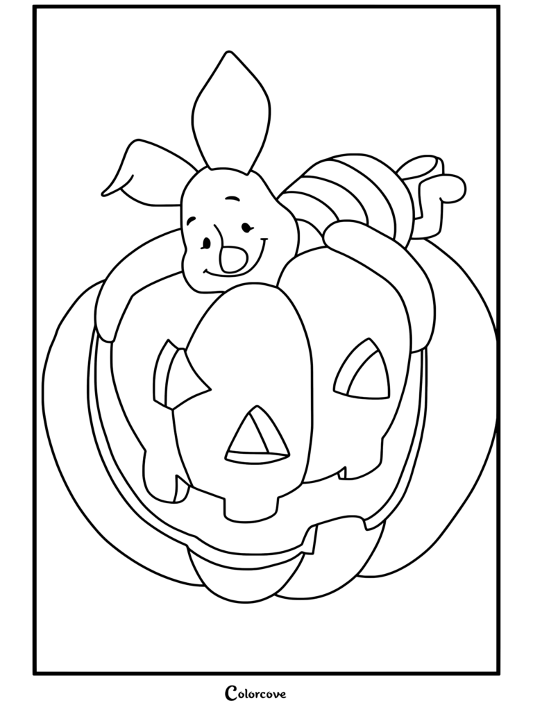 Piglet recostado encima de una calabaza tallada terminada, página para colorear para los fanáticos de Halloween Disney.