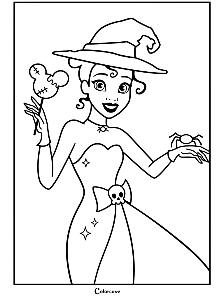 Princesa Tiana vestida de bruja con un vestido negro con lazo de calavera sosteniendo una manzana de caramelo de Mickey y una araña para la página para colorear de Halloween Disney