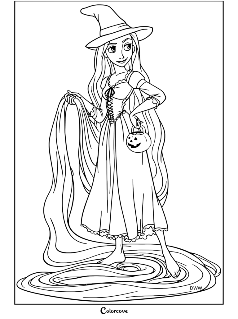 Rapunzel usando sombrero de bruja y vestido rosa sosteniendo un balde de dulces de calabaza con cabello rubio largo y suelto en esta página para colorear de Halloween Disney.
