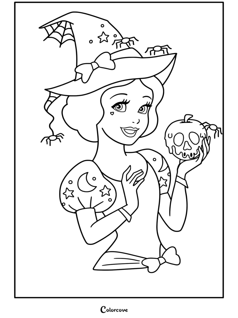 Página para colorear de Halloween Disney de Blanca Nieves usando un sombrero de bruja con telarañas y sosteniendo una manzana envenenada con cara de calavera.