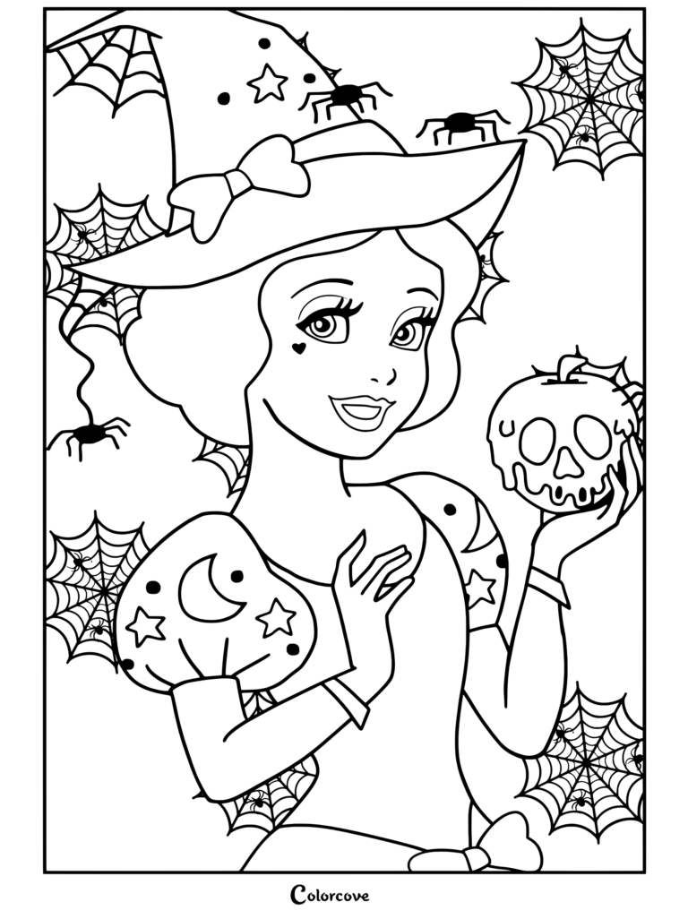 Blanca Nieves vestida de bruja sosteniendo una manzana envenenada con un diseño de calavera contra un fondo de telaraña, página para colorear de Halloween Disney