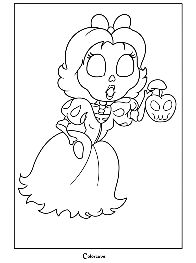 Versión esqueleto de Blanca Nieves sosteniendo una manzana envenenada brillante con diseño de calavera usando un vestido clásico azul y amarillo con lazo rosa, página para colorear de Halloween Disney