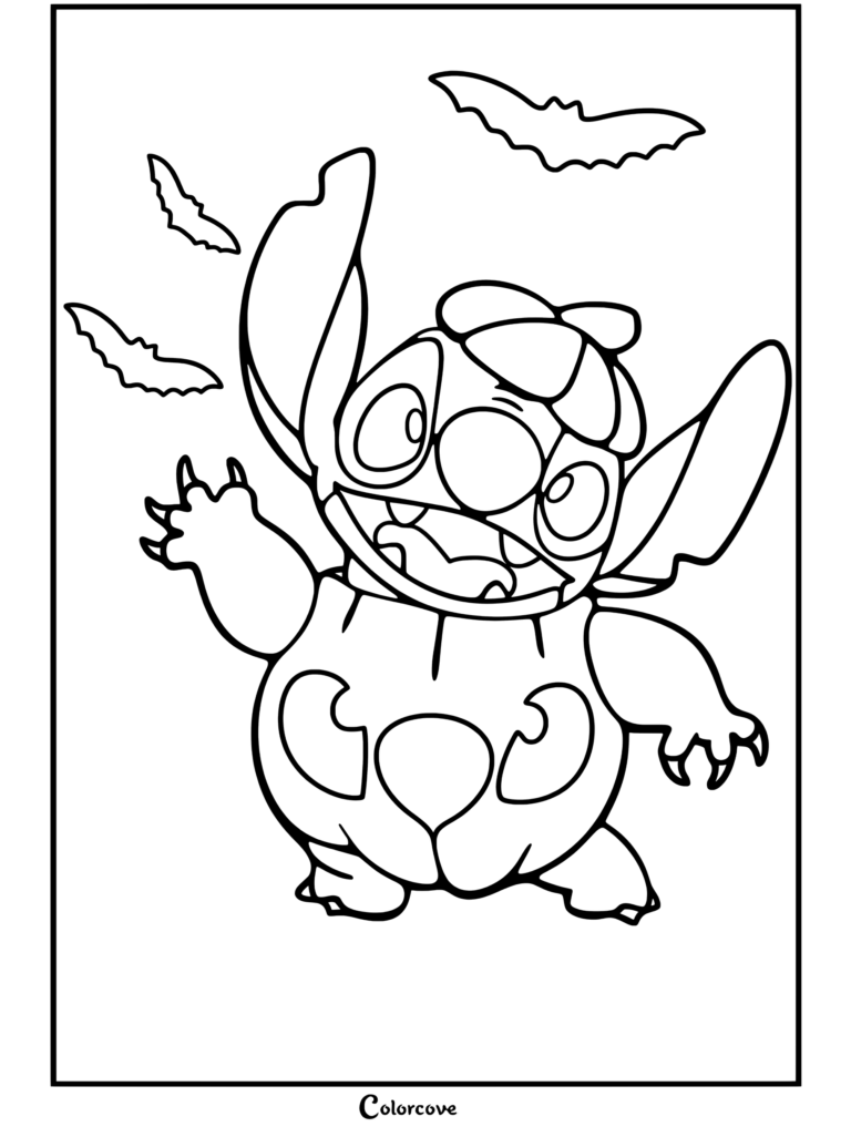 Una página para colorear de Halloween Disney con Stitch vestido con un disfraz de calabaza con sombrero a juego saludando rodeado de murciélagos.