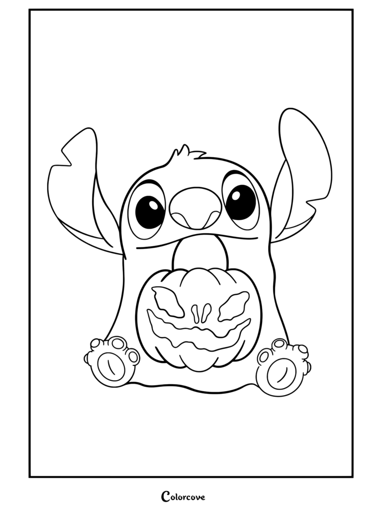Stitch sosteniendo una calabaza tallada para una página para colorear de Halloween Disney.