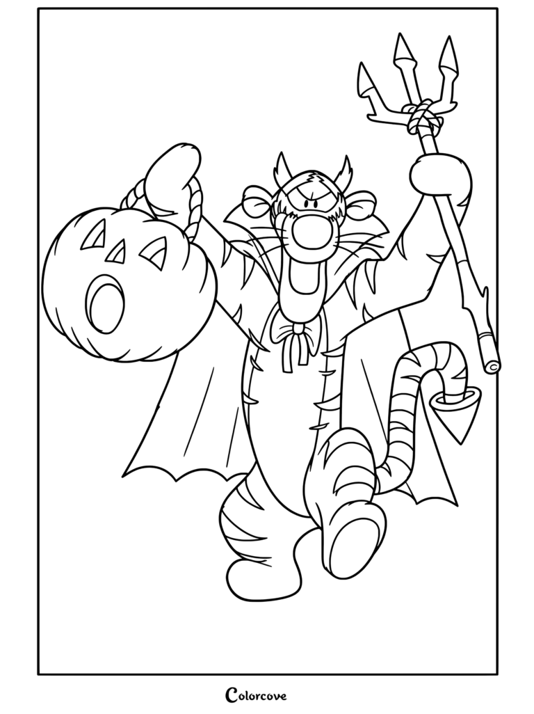 Tigger vestido de diablo con una capa sosteniendo una calabaza y una horca en esta página para colorear de Halloween Disney.