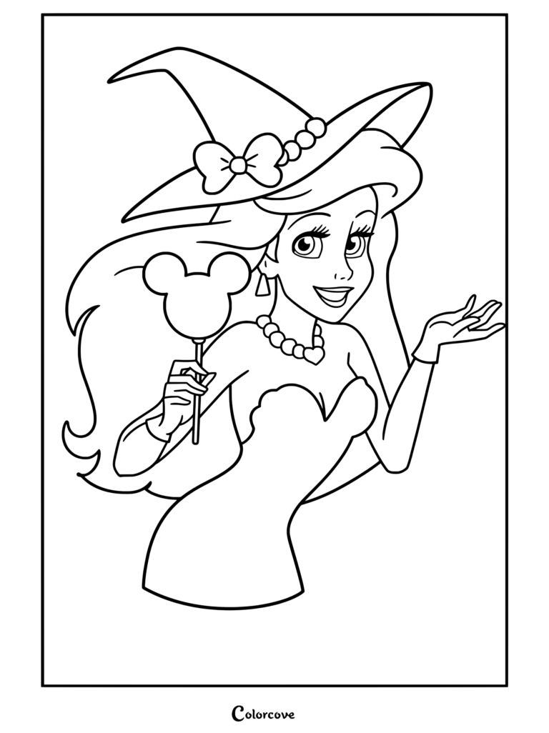 Página para colorear imprimible de Halloween Disney de Ariel vestida de bruja sosteniendo una manzana envenenada de Mickey.