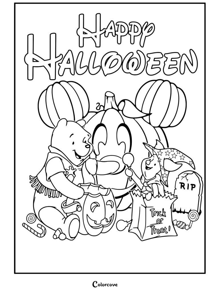Winnie the Pooh vestido de sheriff y Piglet de mago celebrando Halloween con una calabaza de Mickey Mouse, una bolsa de dulces y texto de Feliz Halloween en esta página para colorear de Halloween Disney.