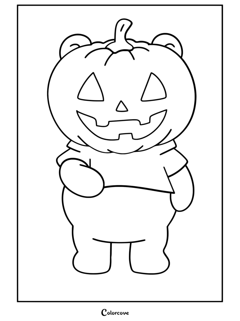 Winnie the Pooh usando disfraz de cabeza de calabaza y camisa roja de pie con la pata derecha levantada, una página para colorear de Halloween Disney para niños.