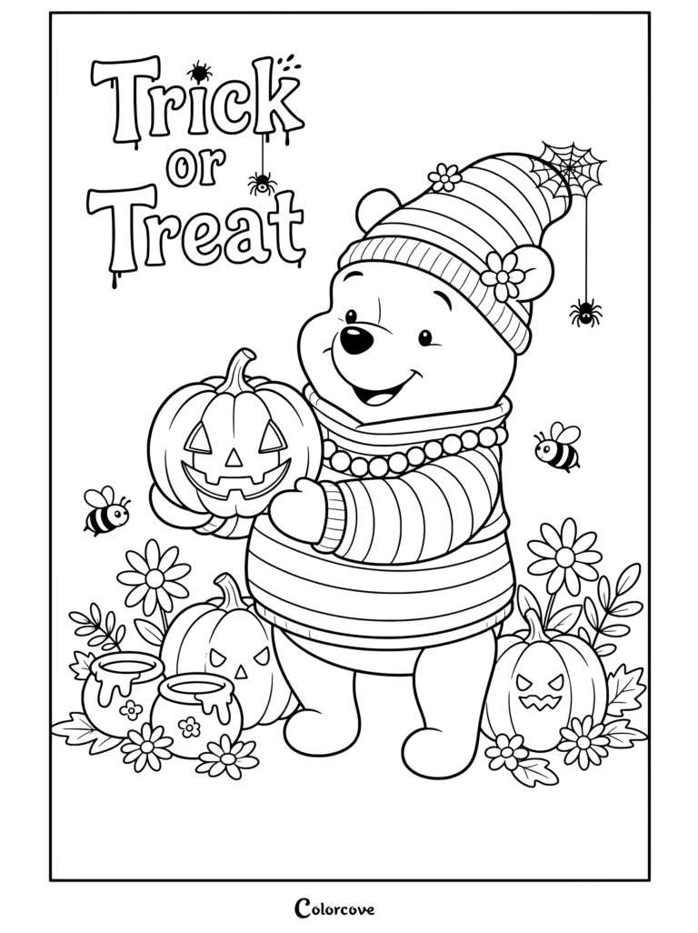Winnie the Pooh usando suéter de rayas y gorro sosteniendo una calabaza rodeada de flores de otoño y tarros de miel, página para colorear de Halloween Disney