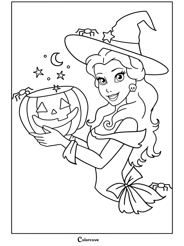 Página para colorear de Halloween Disney de Bella vestida de bruja sosteniendo una calabaza con arañas y estrellas mágicas.