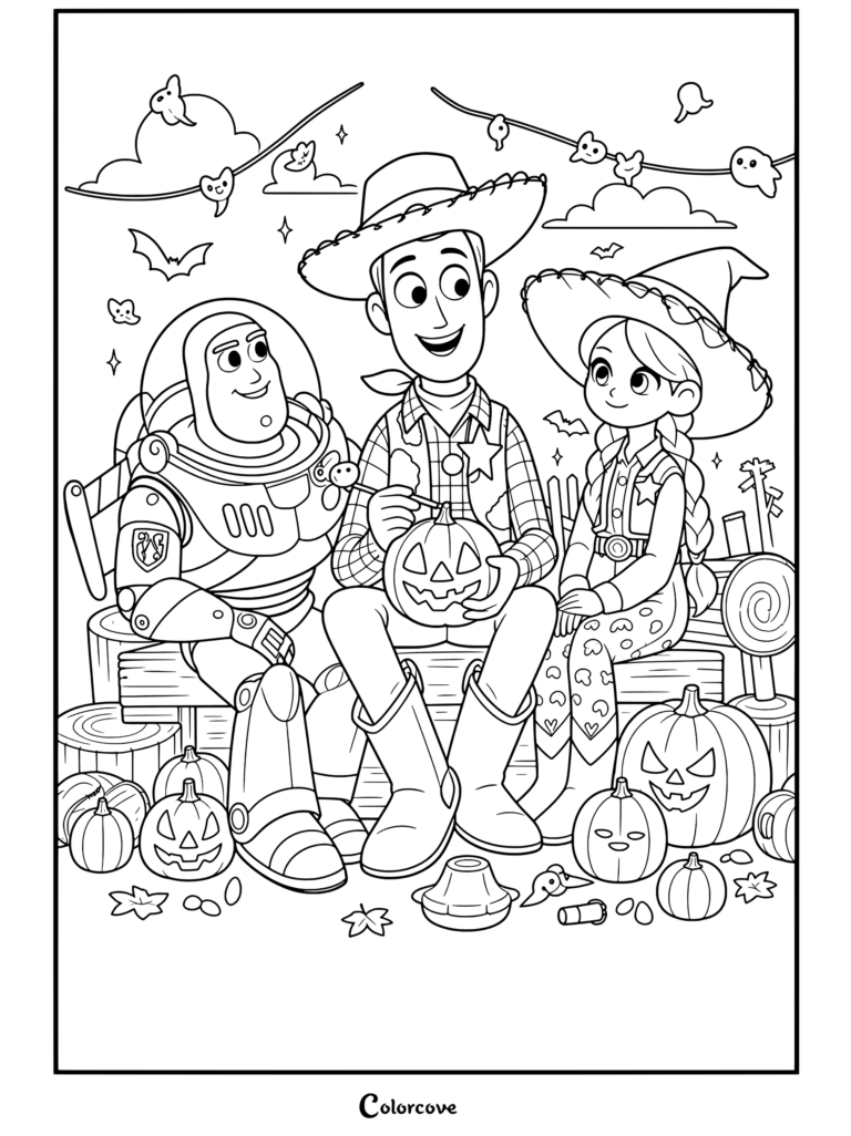 Buzz Lightyear, Woody y Jessie tallando calabazas de Halloween en una página para colorear para los fanáticos de Halloween Disney.