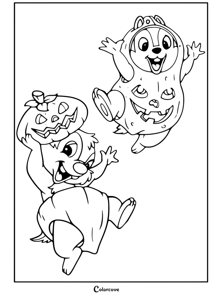 Chip y Dale usando disfraces de calabaza y sosteniendo una cabeza de calabaza terminada en una página para colorear para los fanáticos de Halloween Disney.