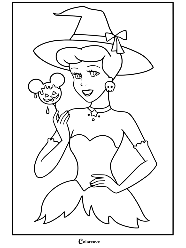 Cenicienta vestida con disfraz de bruja de Halloween sosteniendo una manzana de caramelo de calabaza de Mickey Mouse, página para colorear para los fanáticos de Halloween Disney.