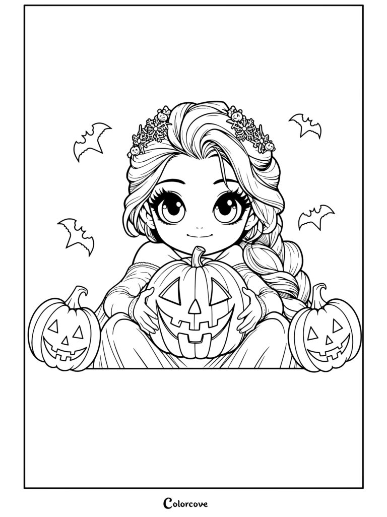 La linda Elsa chibi de Frozen celebrando Halloween, sosteniendo una calabaza tallada y rodeada de calabazas y murciélagos voladores en esta página para colorear gratuita de Halloween Disney.