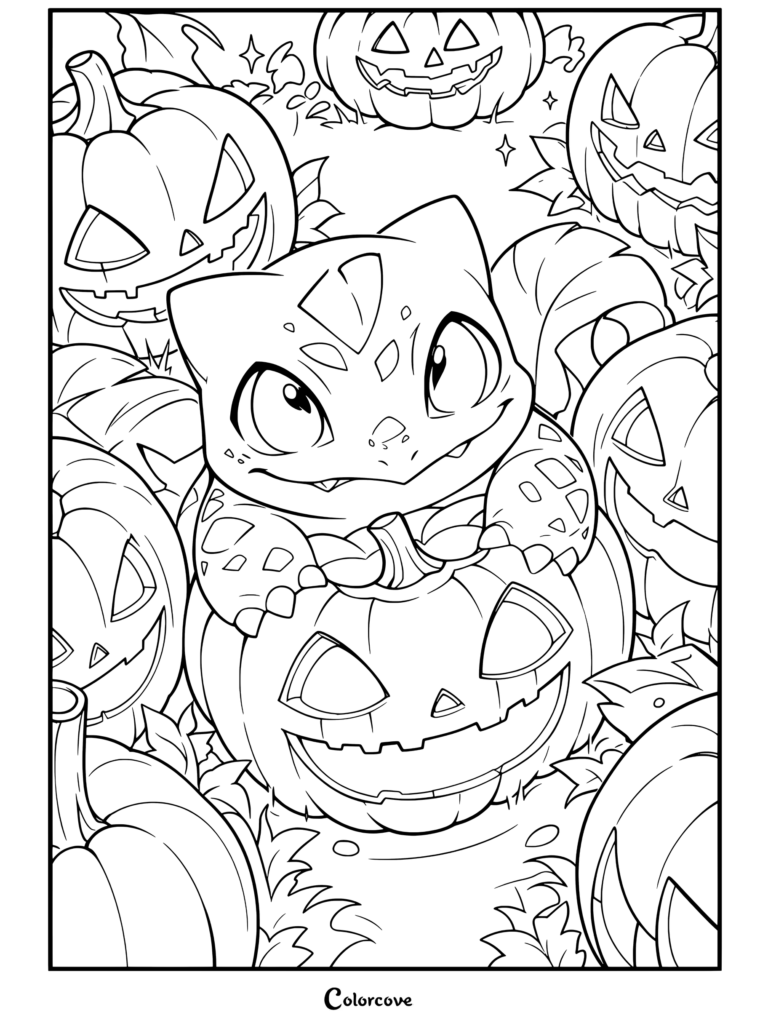 Bulbasaur sentado dentro de una calabaza iluminada rodeado de calabazas de Halloween, dibujo para fans de Pokemon de Halloween.