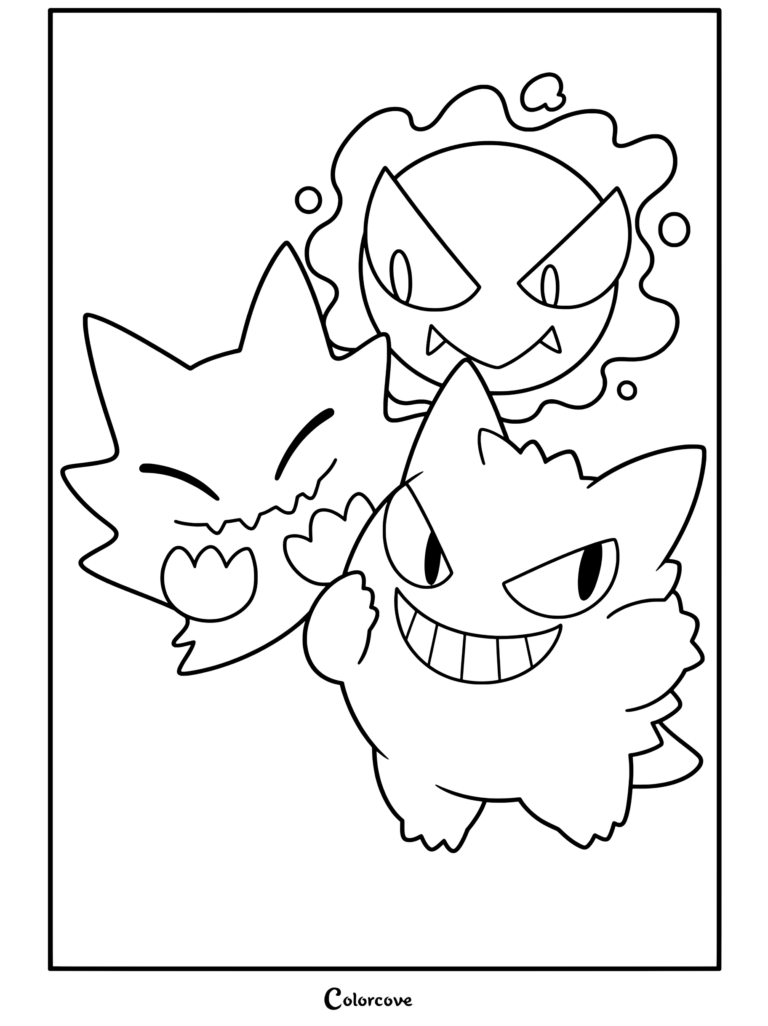 Un dibujo para colorear imprimible con los Pokemon de Halloween Gastly, Haunter y Gengar riendo y sonriendo juntos.