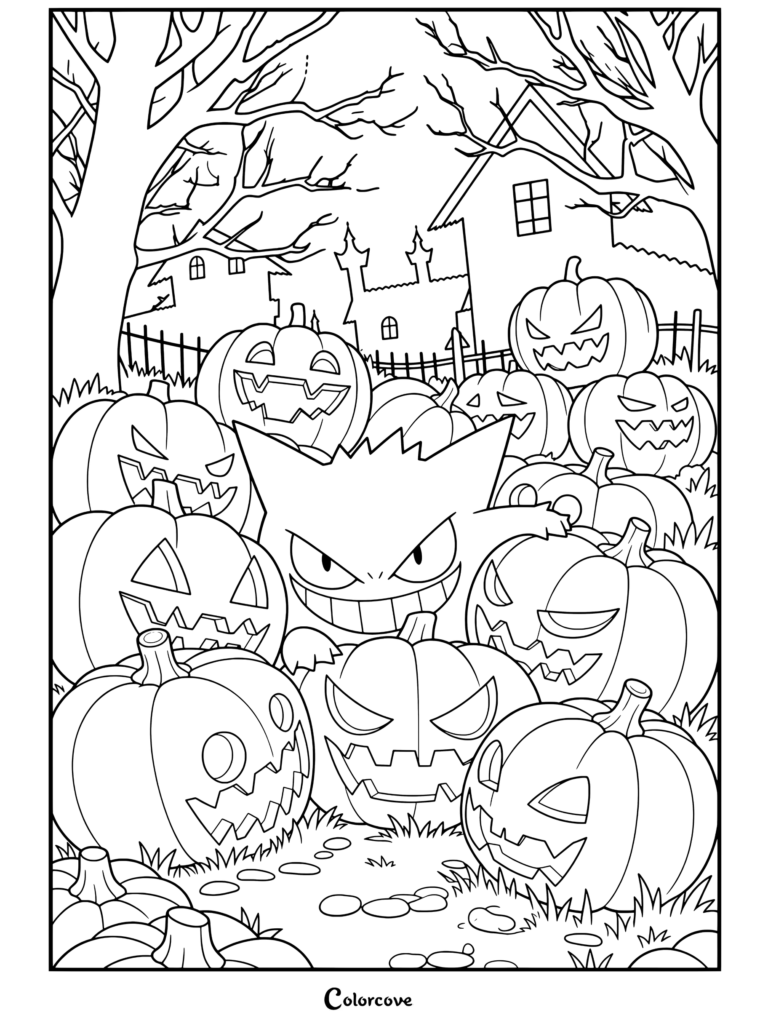Un divertido dibujo de Pokemon de Halloween con Gengar asomándose desde un parche de calabazas que brillan en la oscuridad en la noche de Halloween.