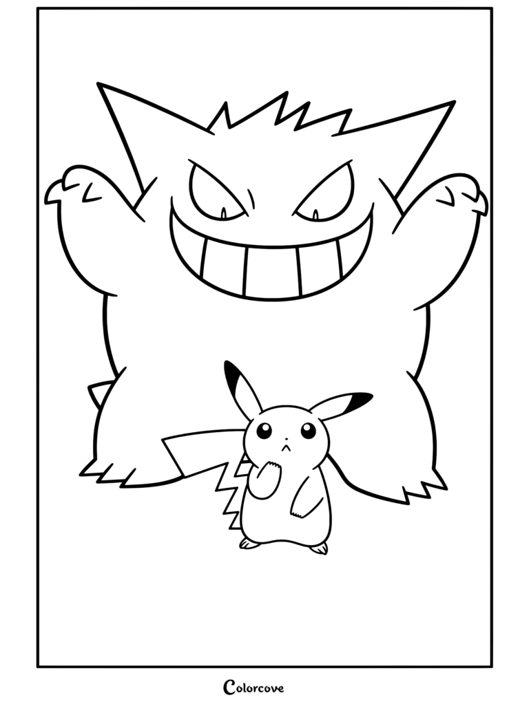 Gengar sonriendo amenazantemente detrás de un Pikachu sorprendido, perfecto para fans de Pokemon de Halloween.