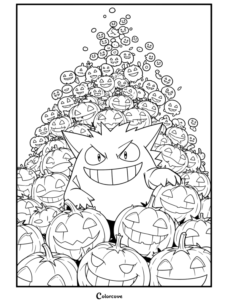 Un dibujo de Pokemon de Halloween con Gengar sonriendo amenazantemente, rodeado de un mar de calabazas brillantes en la noche de Halloween.