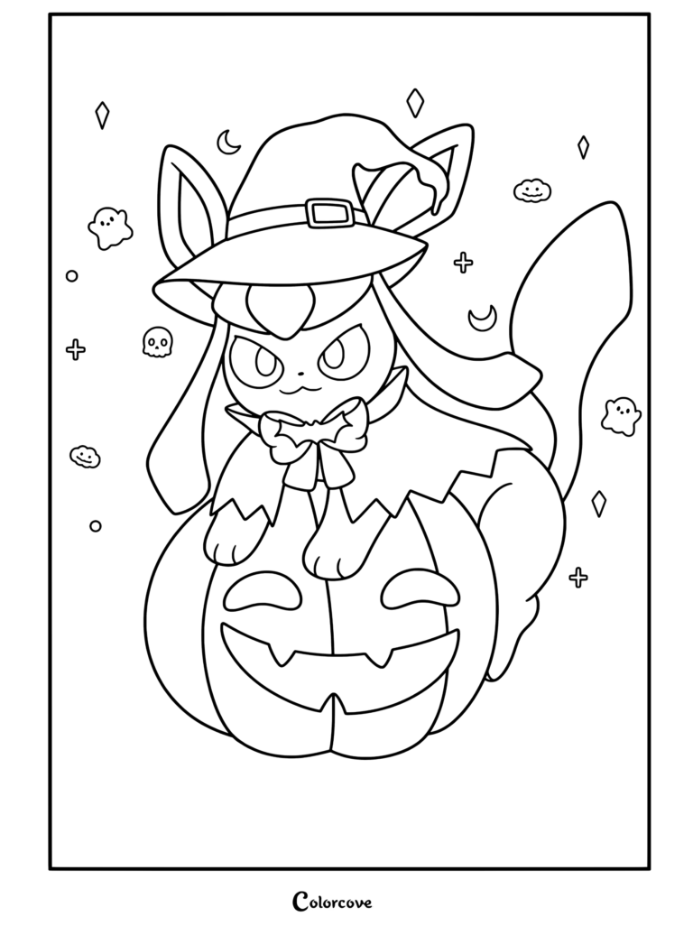 Dibujo de Pokemon de Halloween con Glaceon disfrazado de bruja con sombrero y capa sentado en una calabaza.