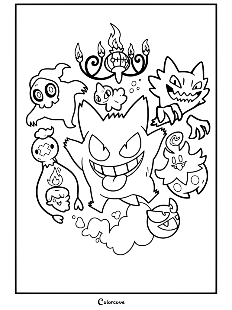 Grupo de Pokémon de tipo fantasma con Gengar, Haunter, Misdreavus, Litwick, Chandelure, Duskull, Drifloon y Pumpkaboo, dibujo de Pokemon de Halloween