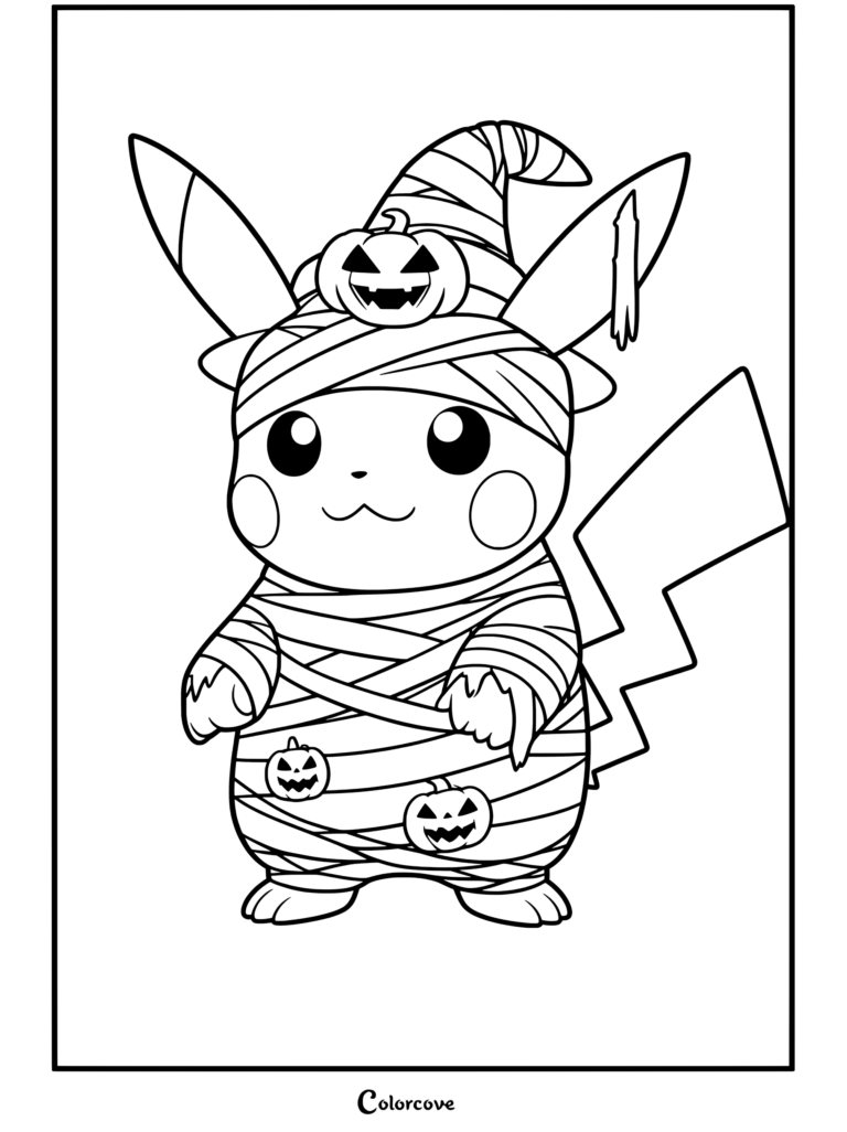 Dibujo de Pokemon de Halloween con Pikachu vestido de momia y con sombrero de bruja y calabazas.