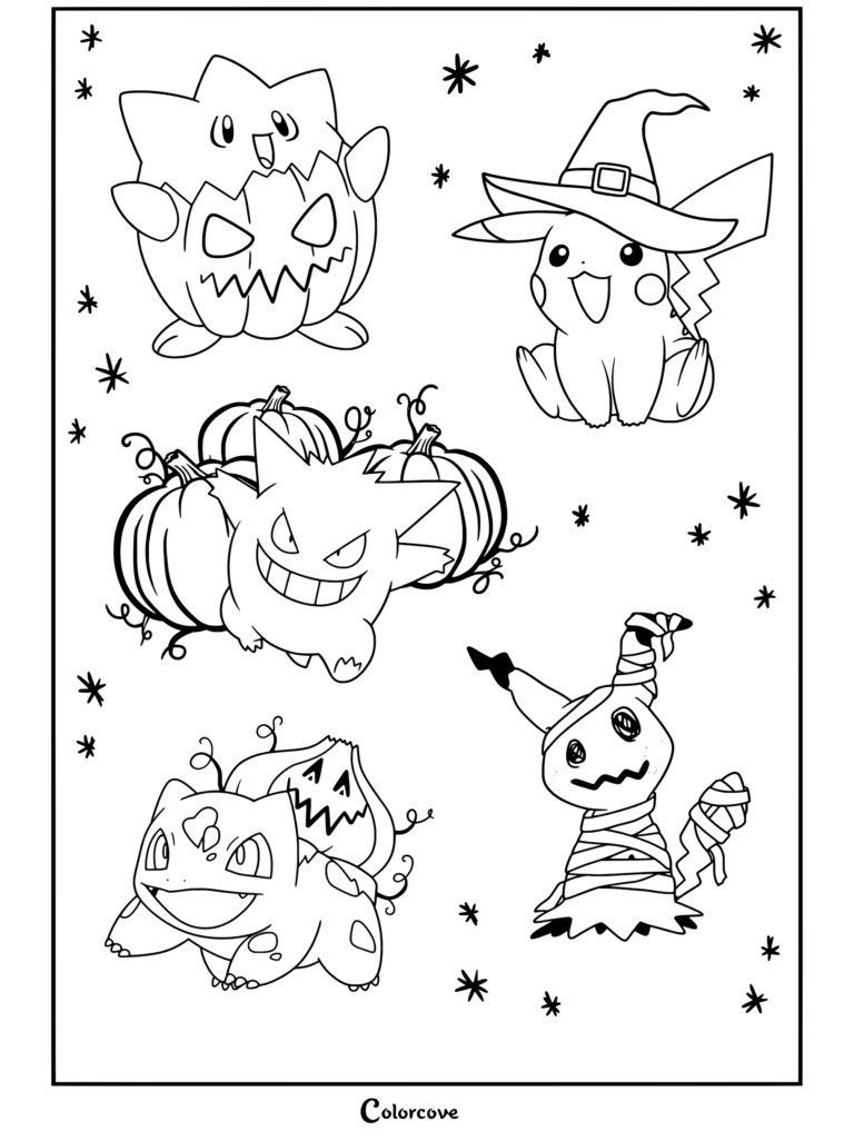 Dibujo de Pokemon de Halloween con Togepi disfrazado de calabaza, Pikachu con sombrero de bruja, Gengar rodeado de calabazas y Bulbasaur con una calabaza.