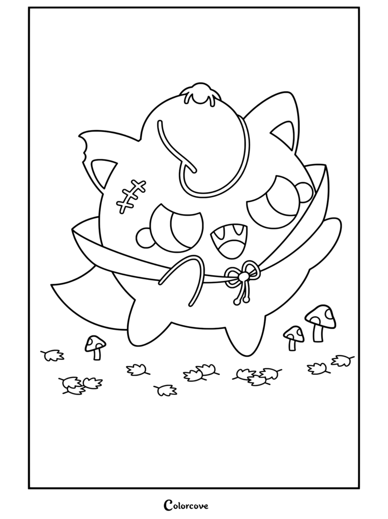 Dibujo de Pokemon de Halloween gratis con Vulpix usando una capa de vampiro con una araña y hojas de otoño.