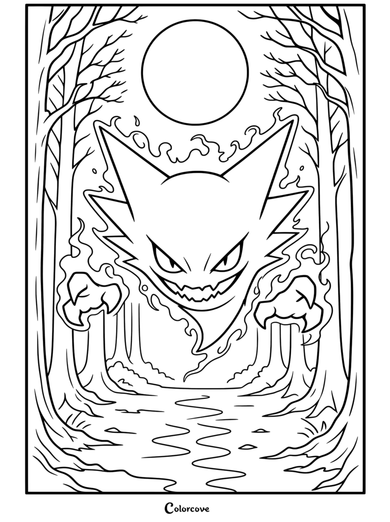 Dibujo para colorear de Haunter con un Pokemon de Halloween flotando ominosamente en un bosque oscuro y con niebla bajo la luna llena.