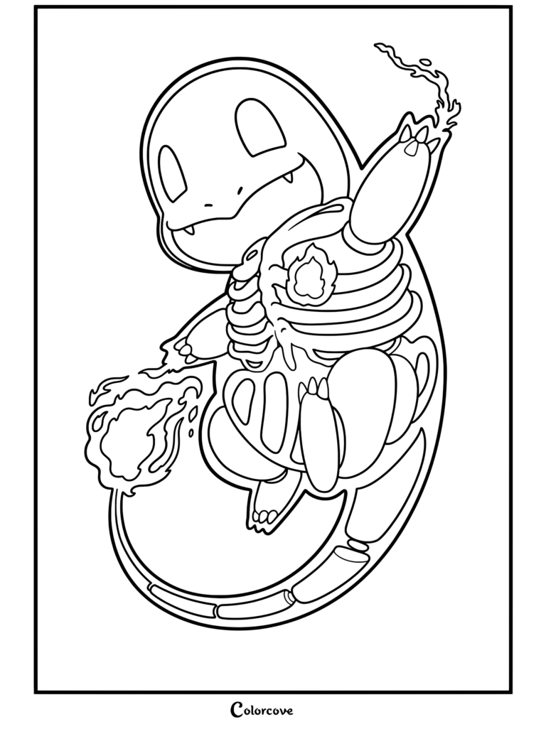 Rayos X de esqueleto de Charmander con cola de fuego brillante y corazón en este espeluznante dibujo de Pokemon de Halloween.